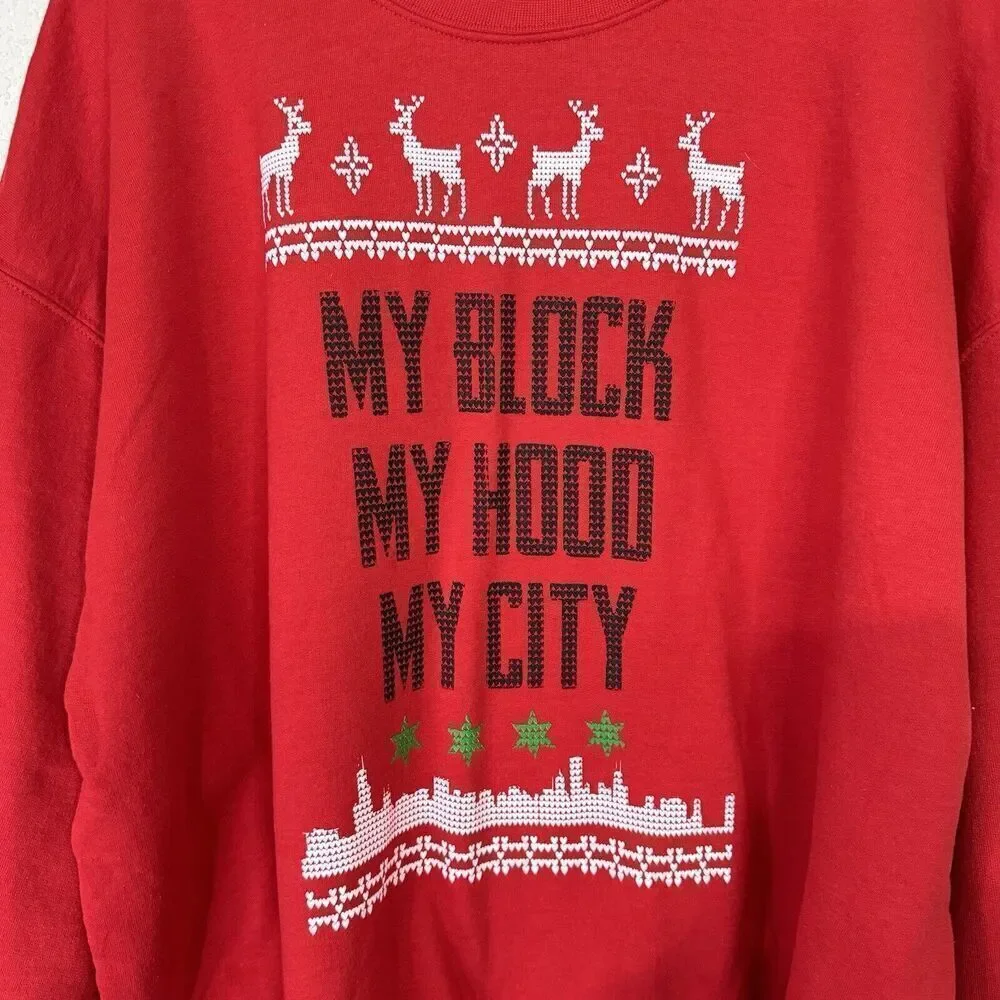 Ugly Christmas Sweater Unisex Sz 2XL Red Cotton Blend “My Blood My Hood My City” - Picture 3 of 9